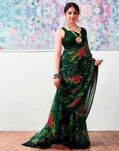 Dark Green Georgette Printed Saree