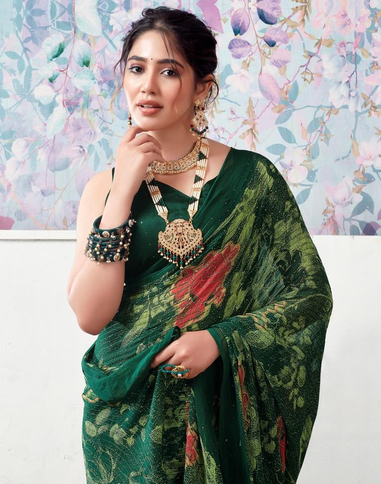 Dark Green Georgette Printed Saree