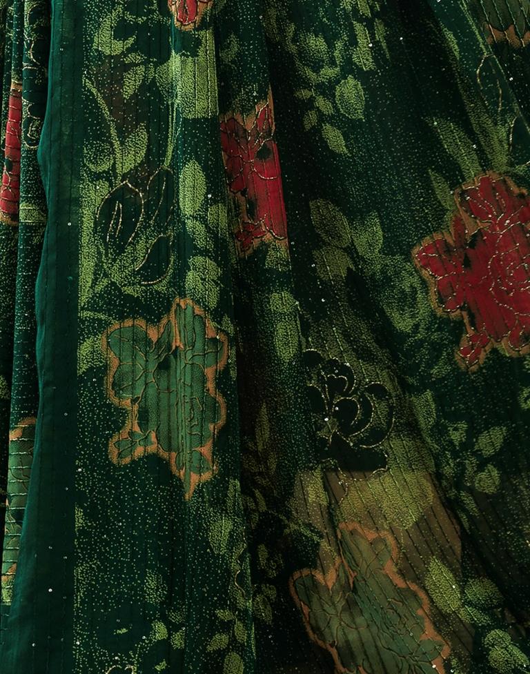 Dark Green Georgette Printed Saree