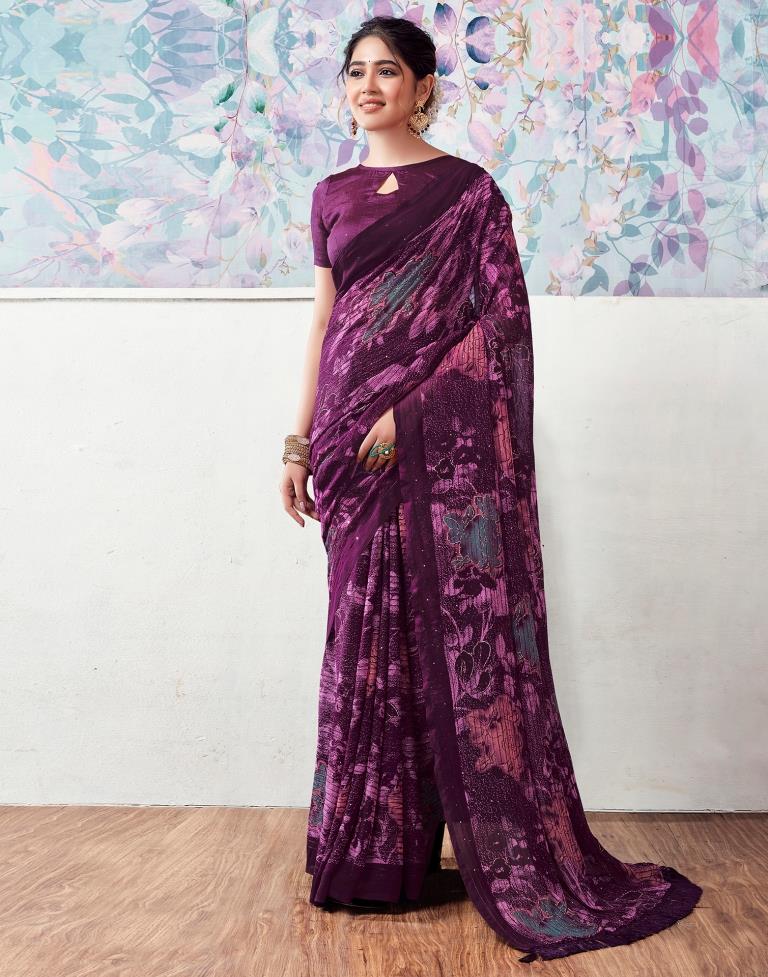 Deep Purple Georgette Printed Saree