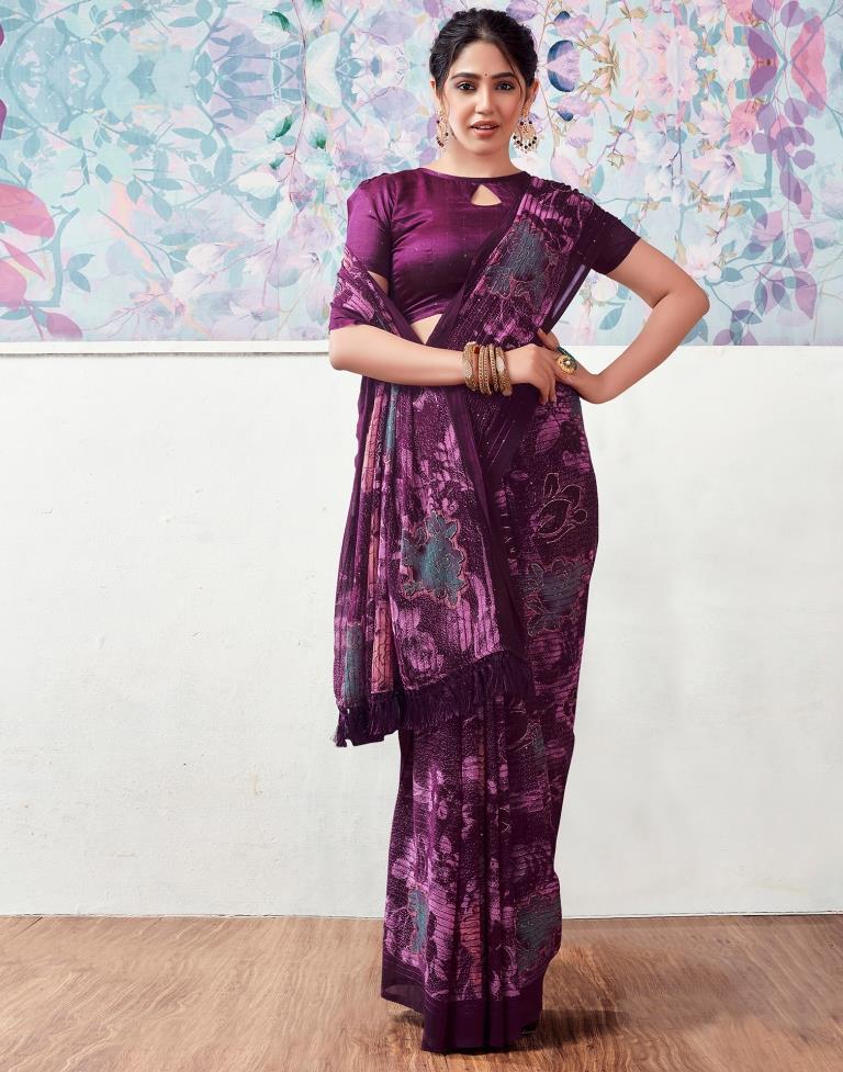 Deep Purple Georgette Printed Saree