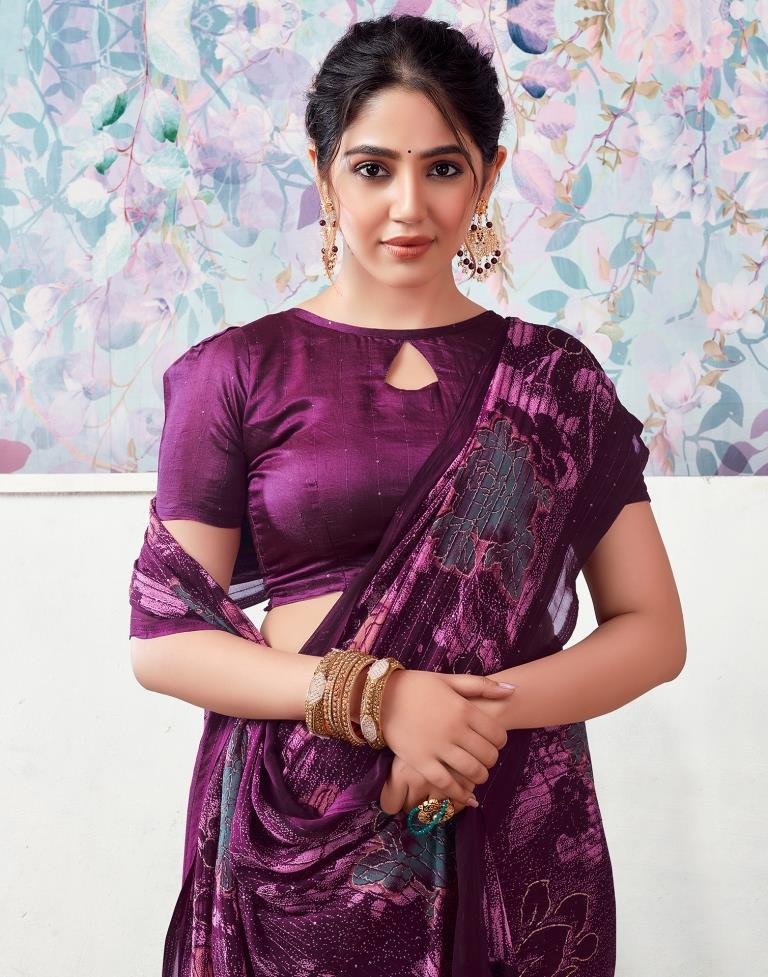 Deep Purple Georgette Printed Saree