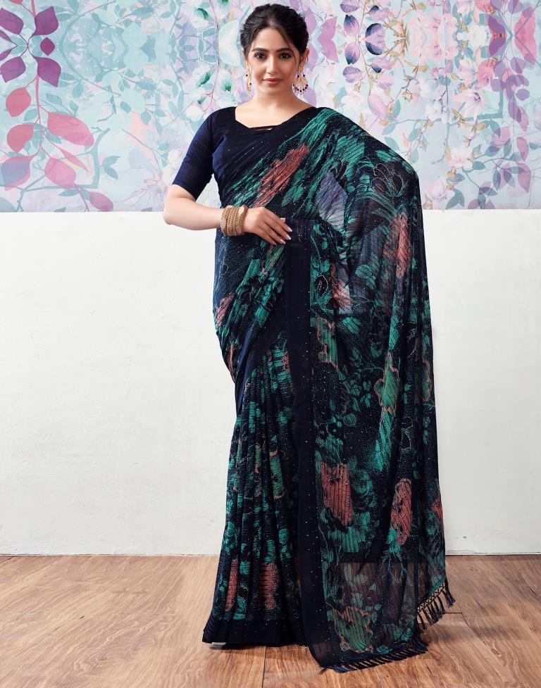 Dark Blue Georgette Printed Saree