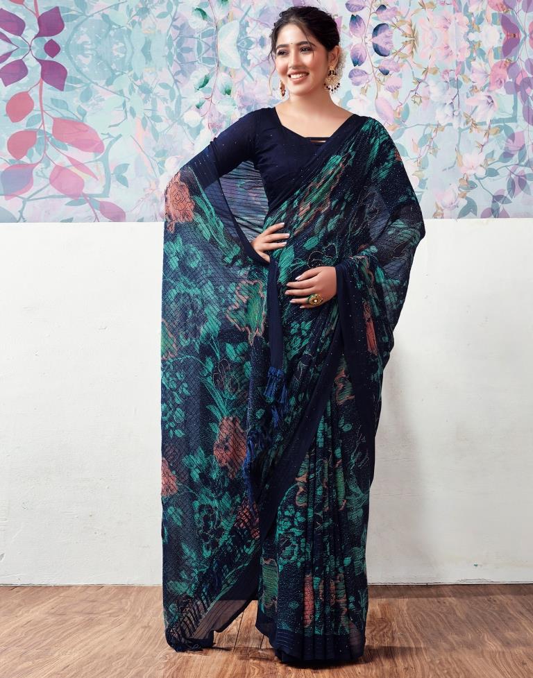 Dark Blue Georgette Printed Saree