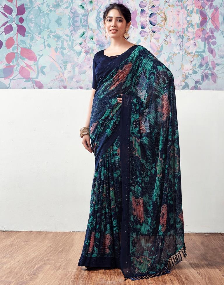 Dark Blue Georgette Printed Saree