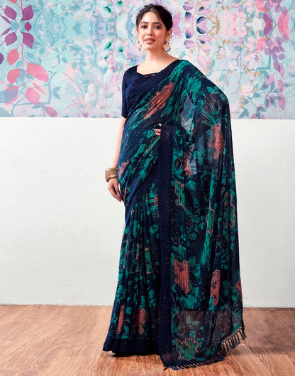 Dark Blue Georgette Printed Saree