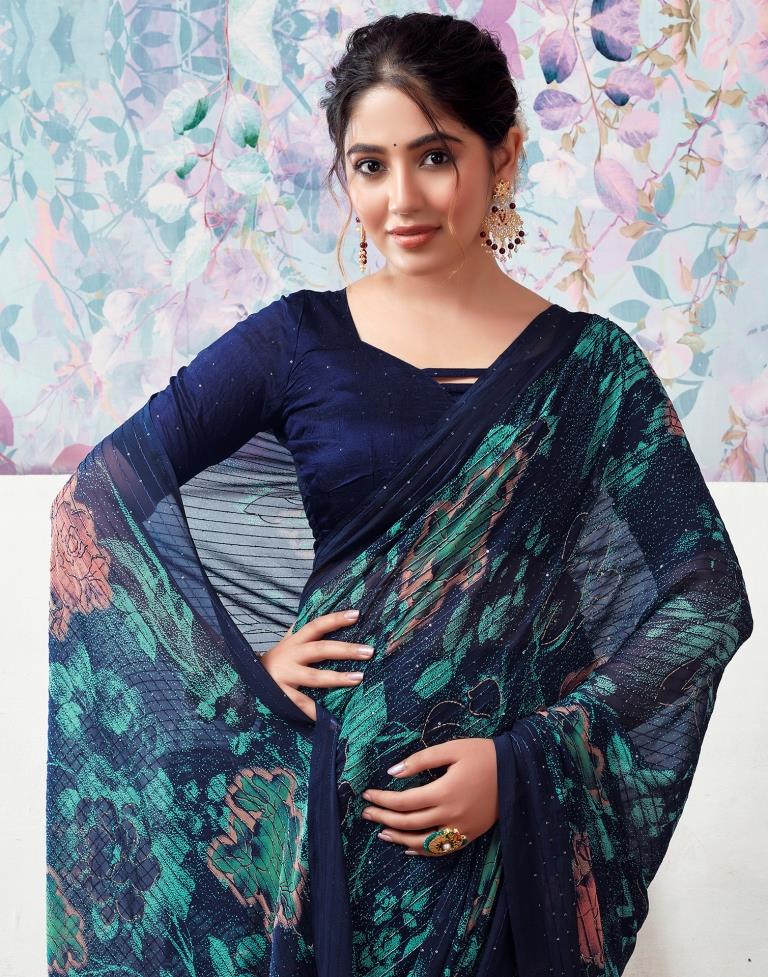 Dark Blue Georgette Printed Saree