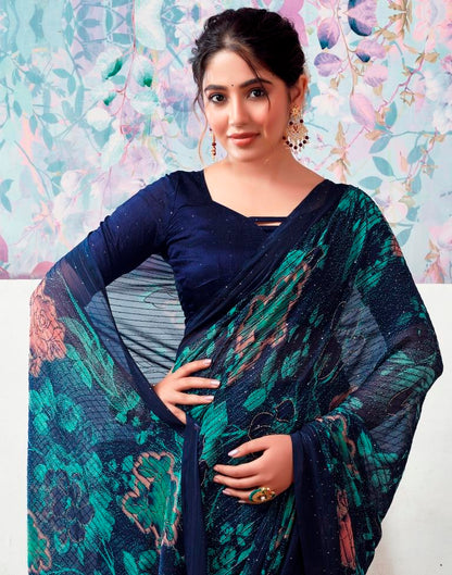 Dark Blue Georgette Printed Saree