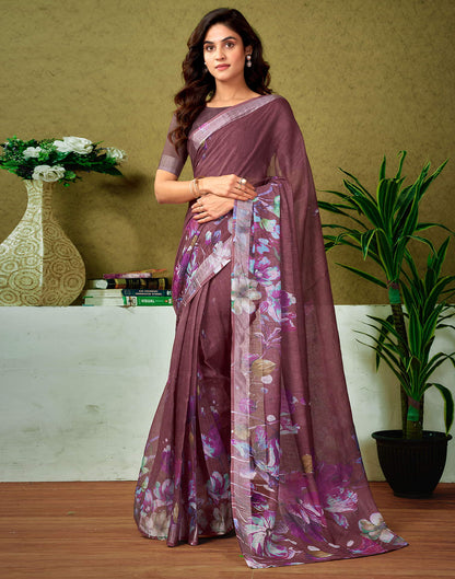 Ready To Wear Chestnut Brown Linen Zari Printed Saree