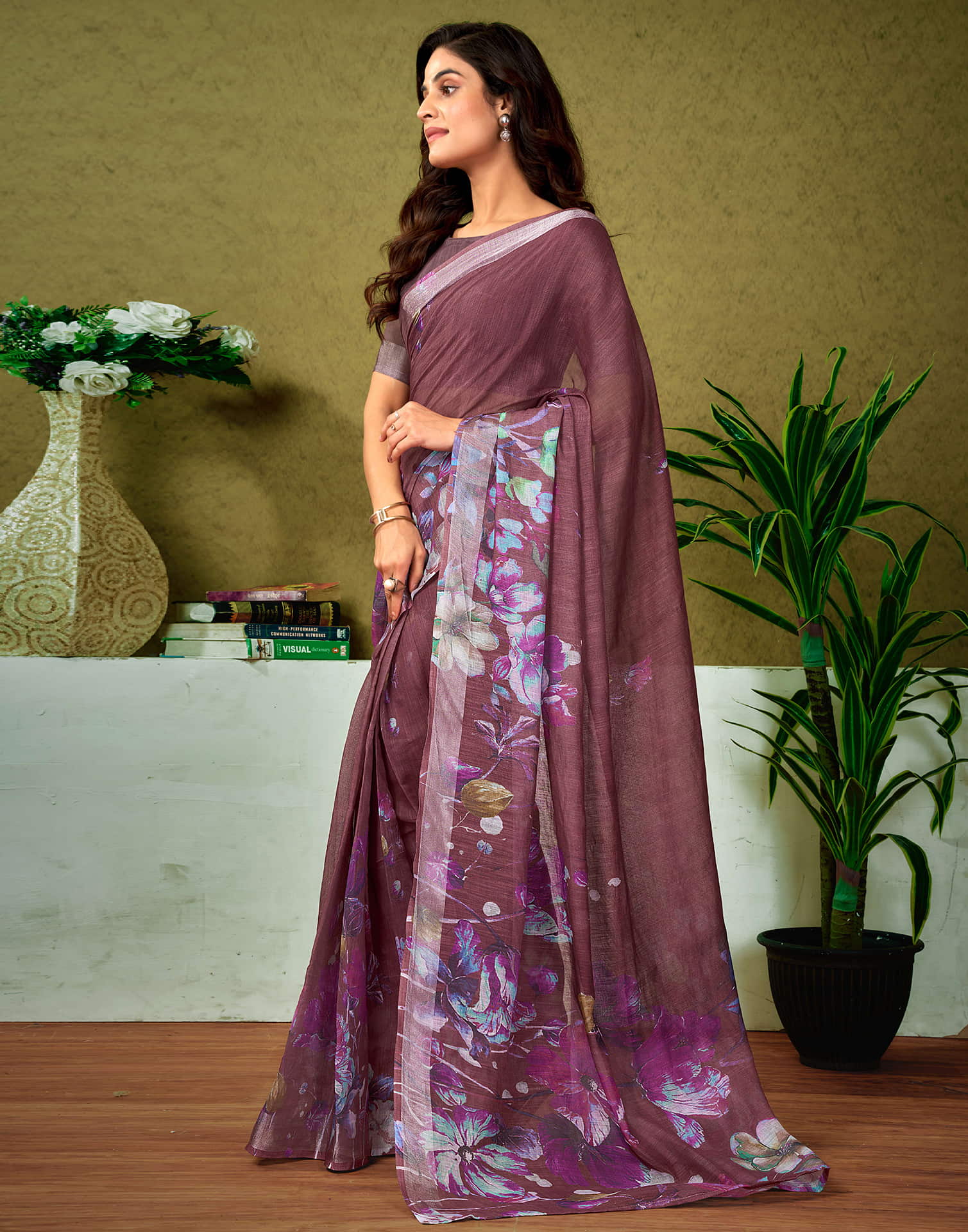 Ready To Wear Chestnut Brown Linen Zari Printed Saree