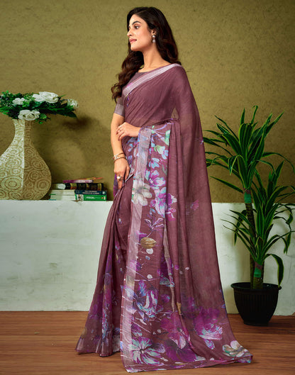 Ready To Wear Chestnut Brown Linen Zari Printed Saree