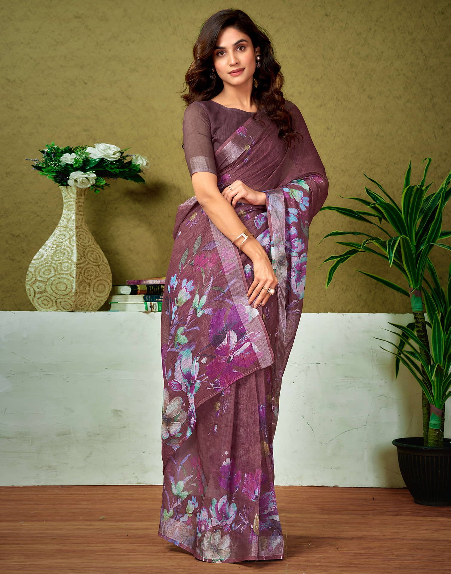 Ready To Wear Chestnut Brown Linen Zari Printed Saree