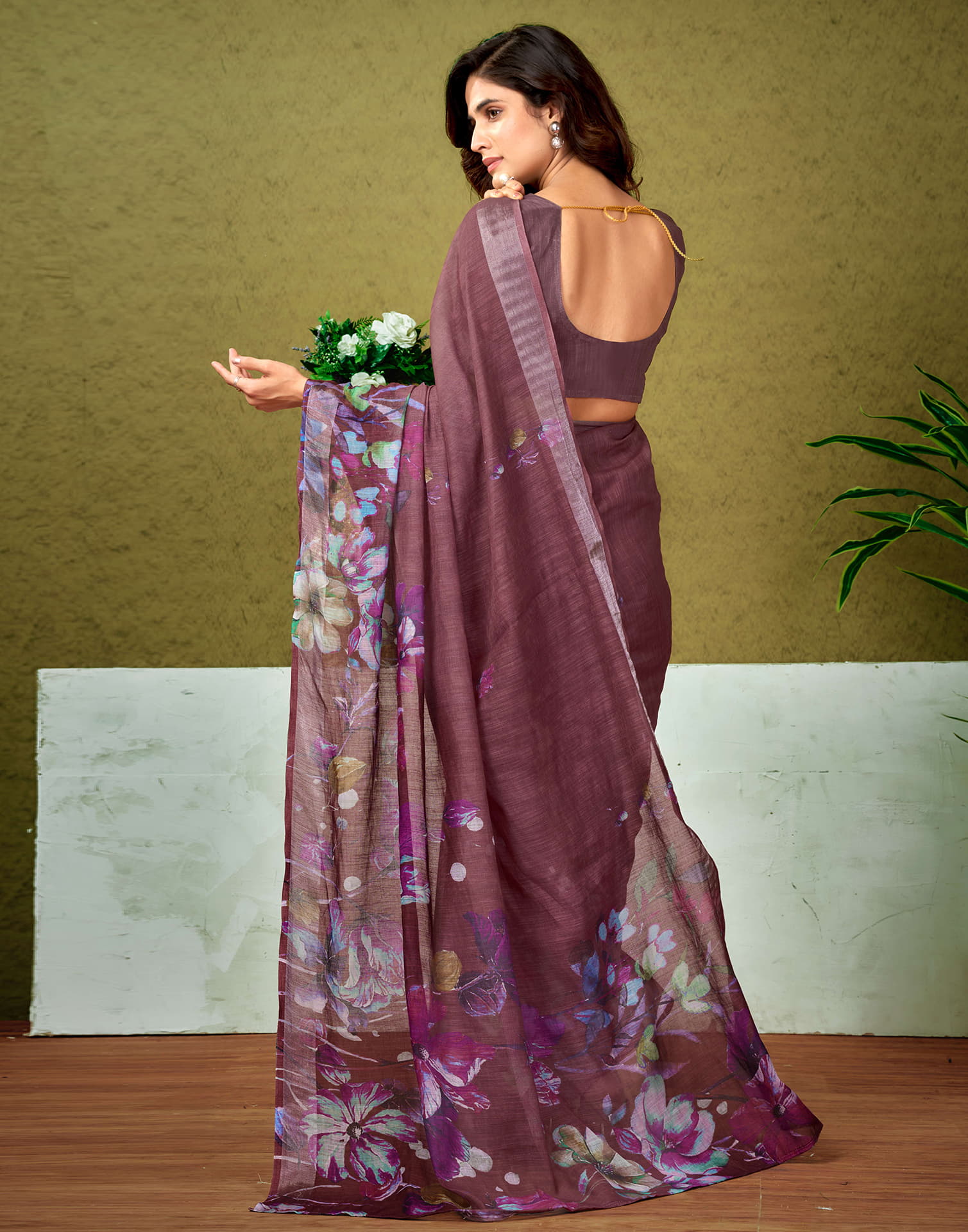 Ready To Wear Chestnut Brown Linen Zari Printed Saree