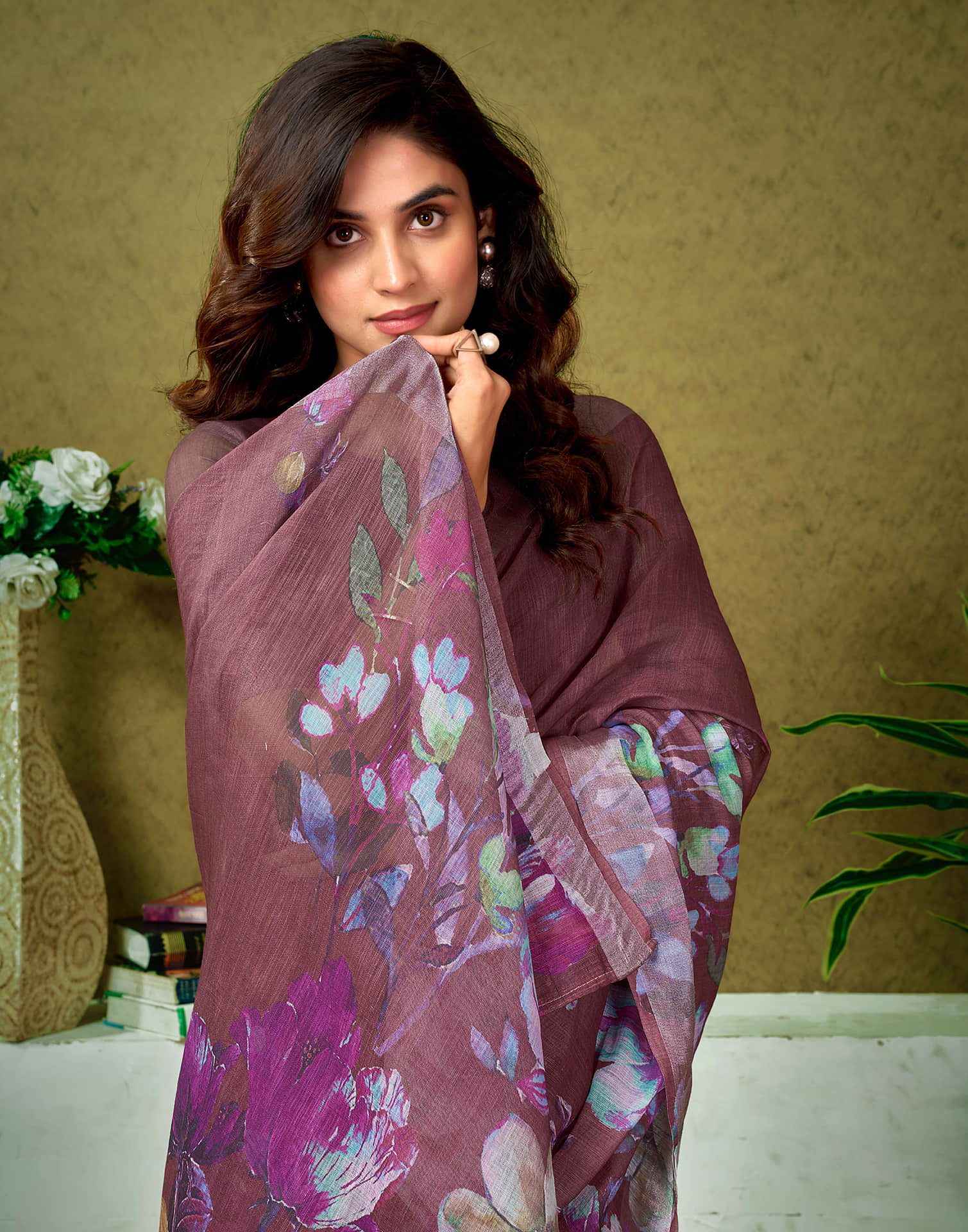 Ready To Wear Chestnut Brown Linen Zari Printed Saree