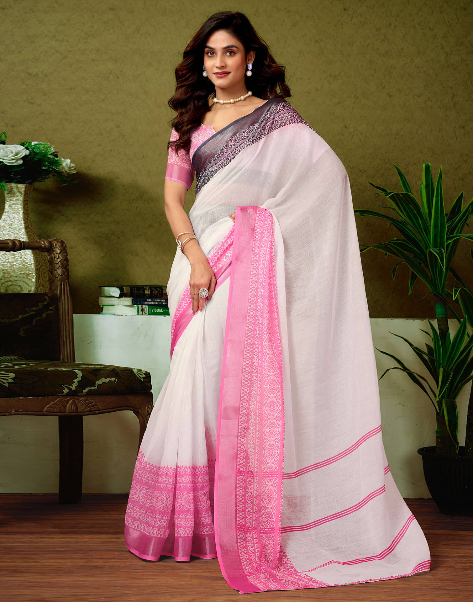 Ready To Wear White Linen Zari Printed Saree