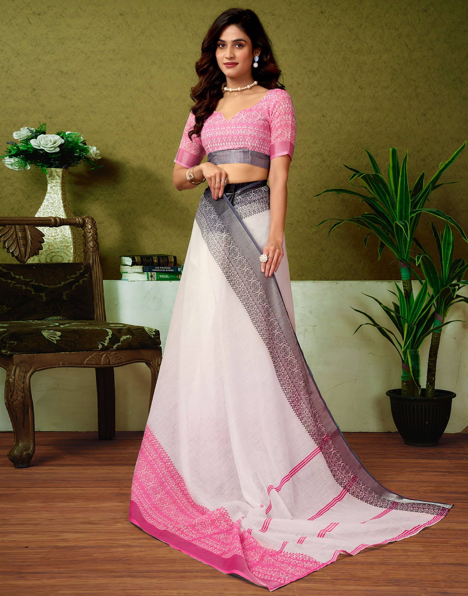 Ready To Wear White Linen Zari Printed Saree