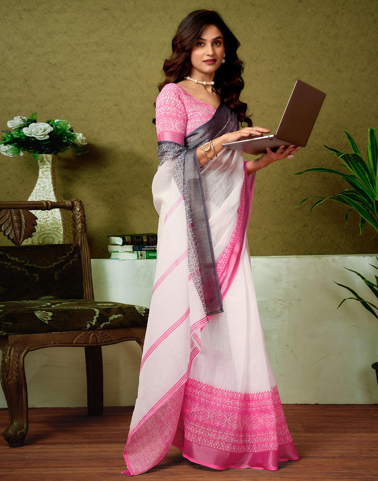 Ready To Wear White Linen Zari Printed Saree