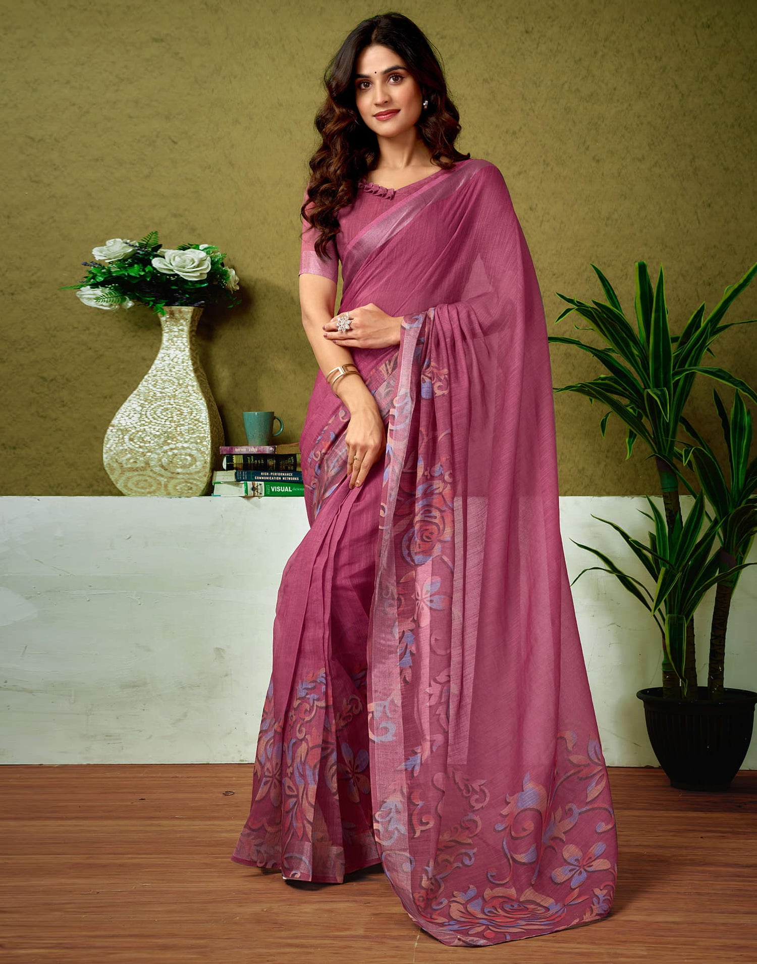 Ready To Wear Dusty Rani Pink Linen Zari Printed Saree