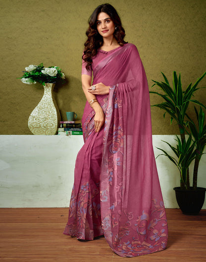 Ready To Wear Dusty Rani Pink Linen Zari Printed Saree