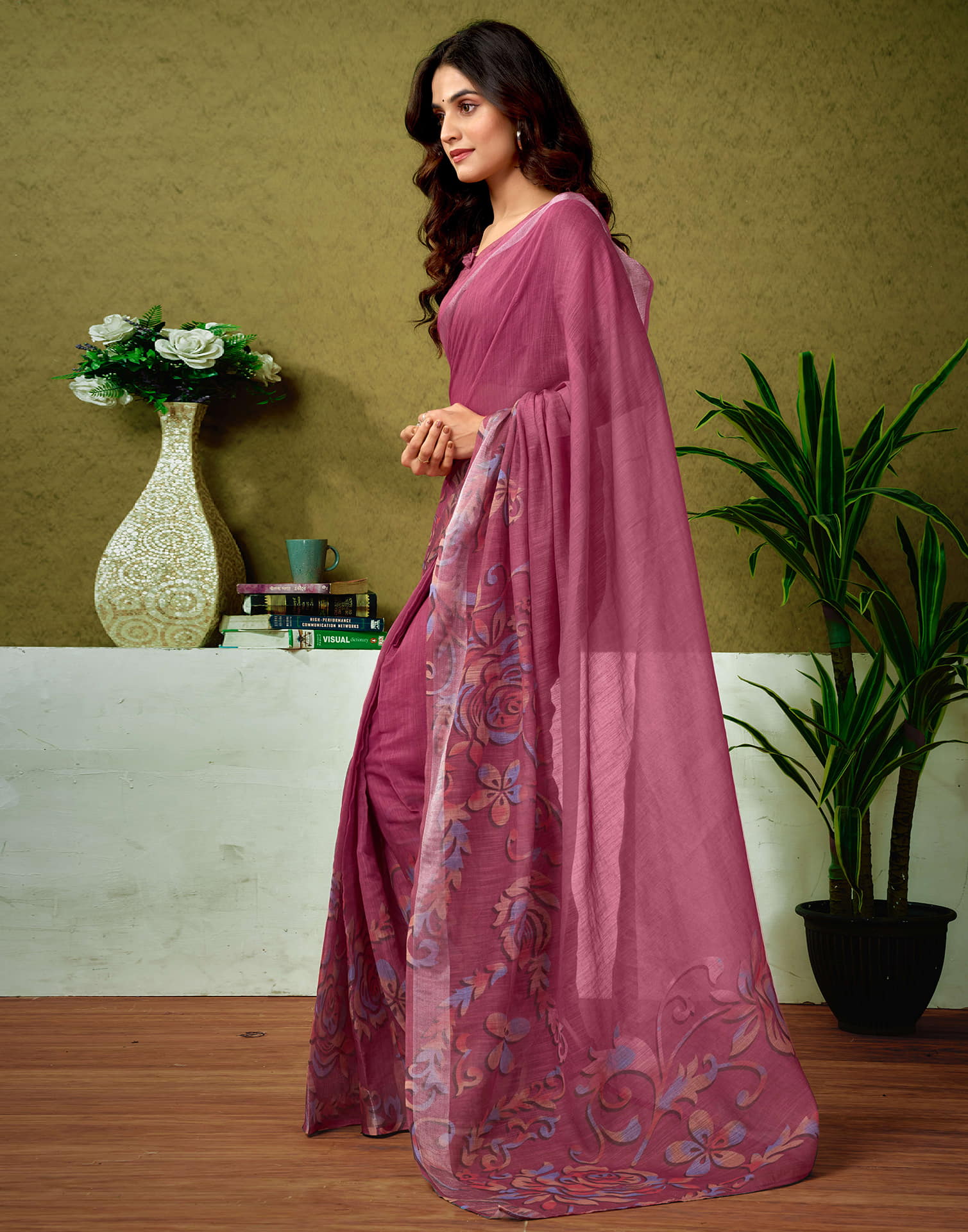 Ready To Wear Dusty Rani Pink Linen Zari Printed Saree