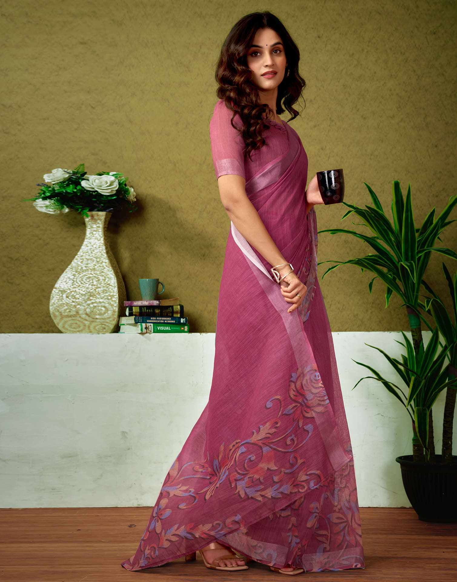 Ready To Wear Dusty Rani Pink Linen Zari Printed Saree