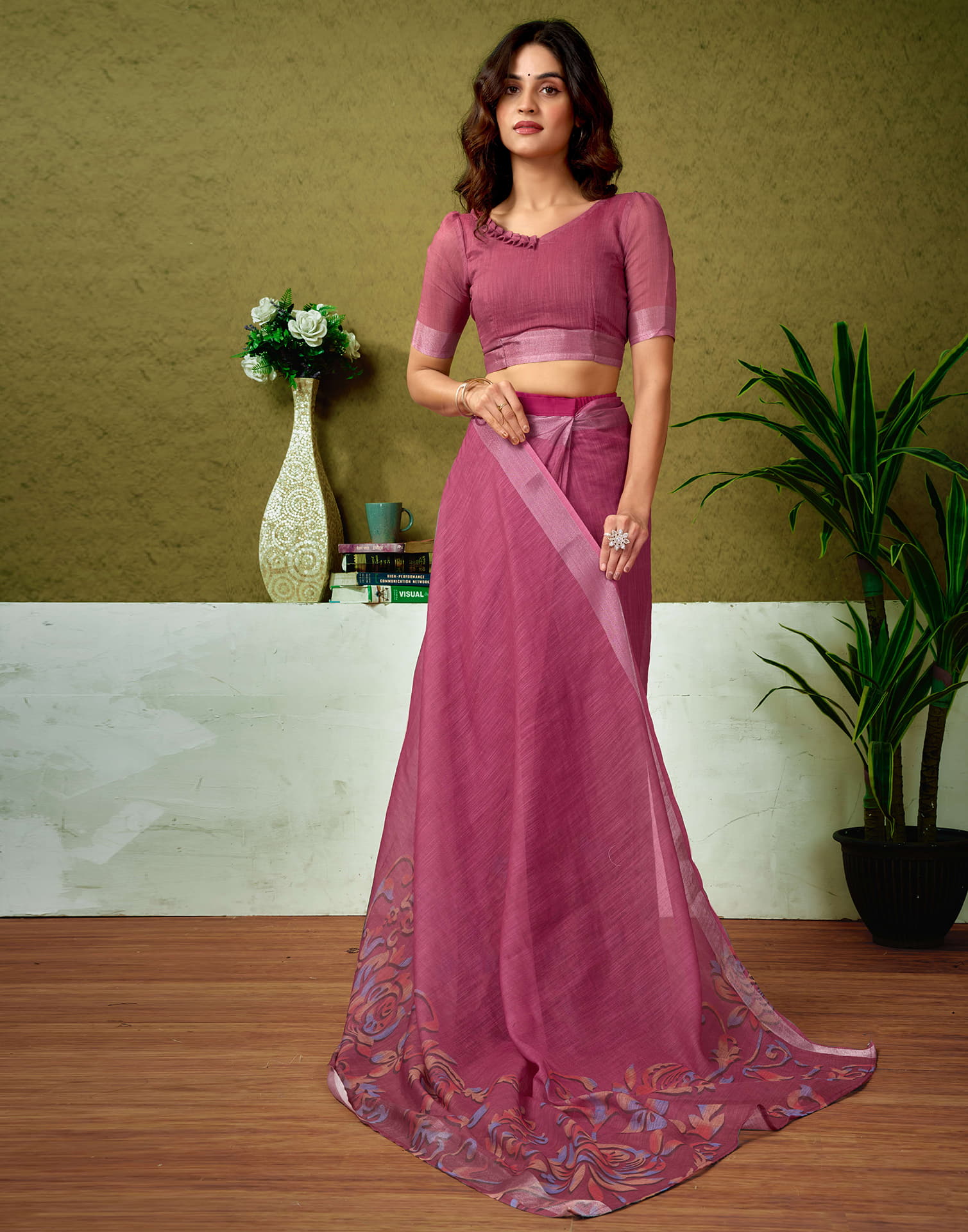 Ready To Wear Dusty Rani Pink Linen Zari Printed Saree