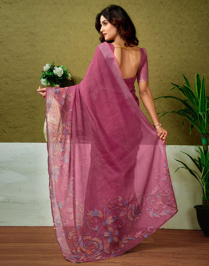 Ready To Wear Dusty Rani Pink Linen Zari Printed Saree