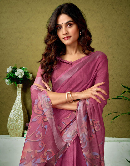 Ready To Wear Dusty Rani Pink Linen Zari Printed Saree