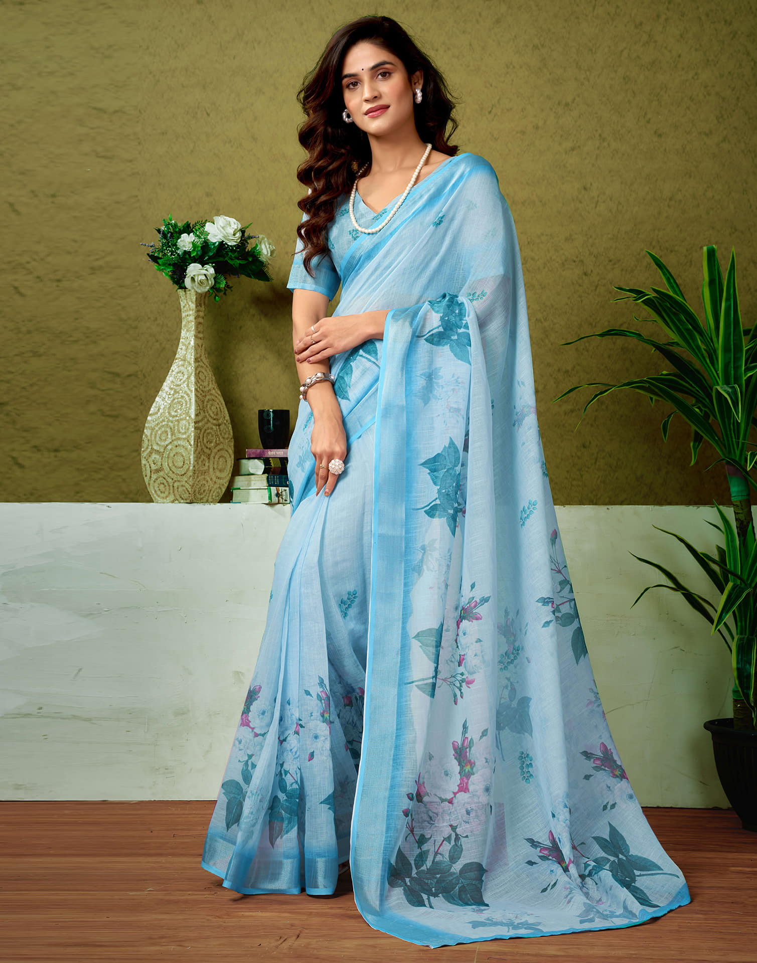 Ready To Wear Light Blue Linen Zari Printed Saree