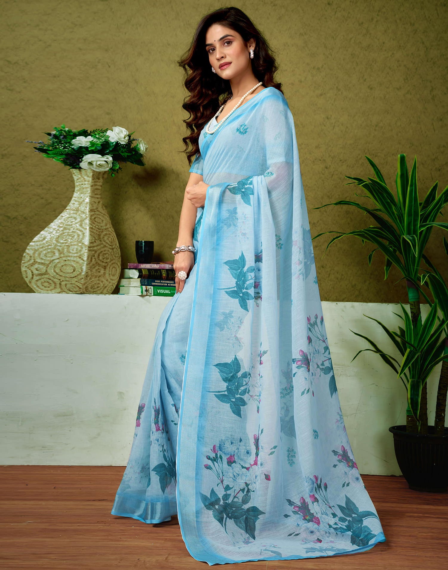 Ready To Wear Light Blue Linen Zari Printed Saree