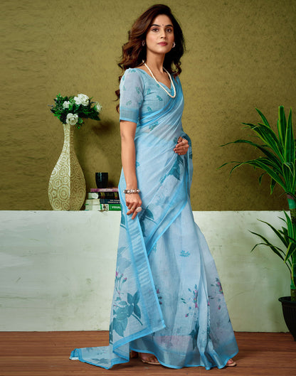 Ready To Wear Light Blue Linen Zari Printed Saree