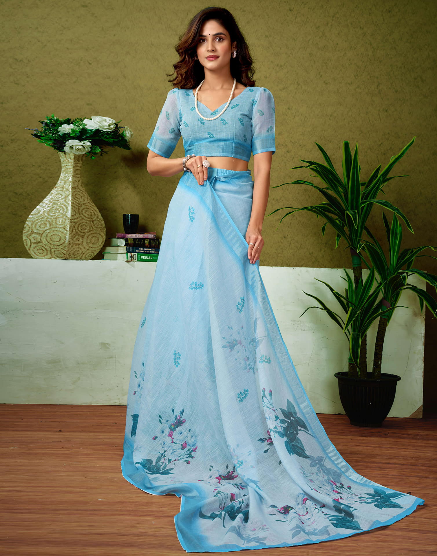 Ready To Wear Light Blue Linen Zari Printed Saree