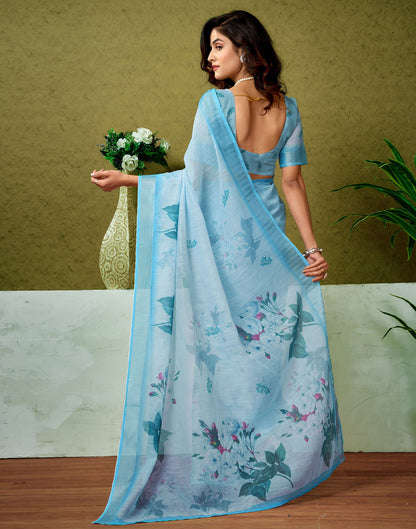 Ready To Wear Light Blue Linen Zari Printed Saree