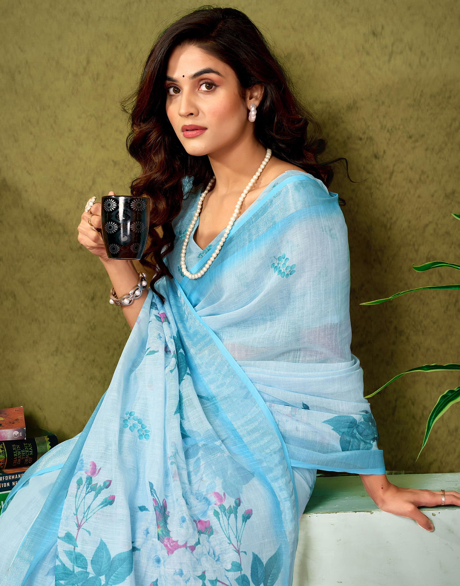 Ready To Wear Light Blue Linen Zari Printed Saree