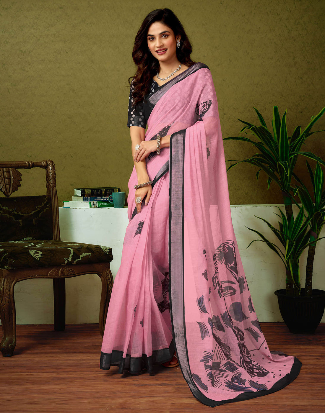 Ready To Wear Light Rose Pink Linen Zari Printed Saree