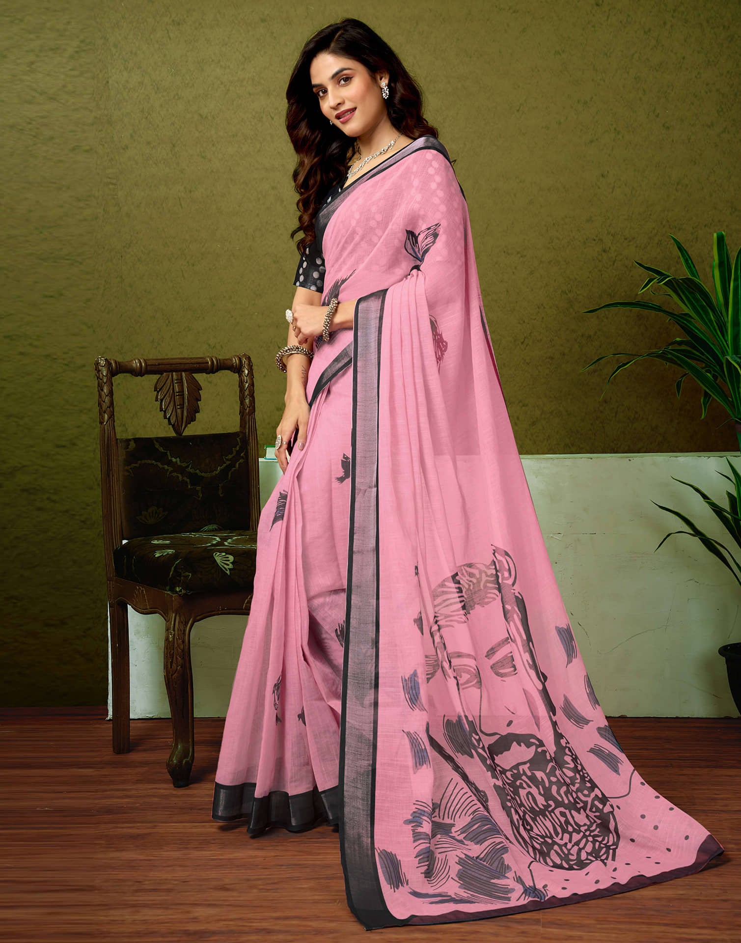 Ready To Wear Light Rose Pink Linen Zari Printed Saree