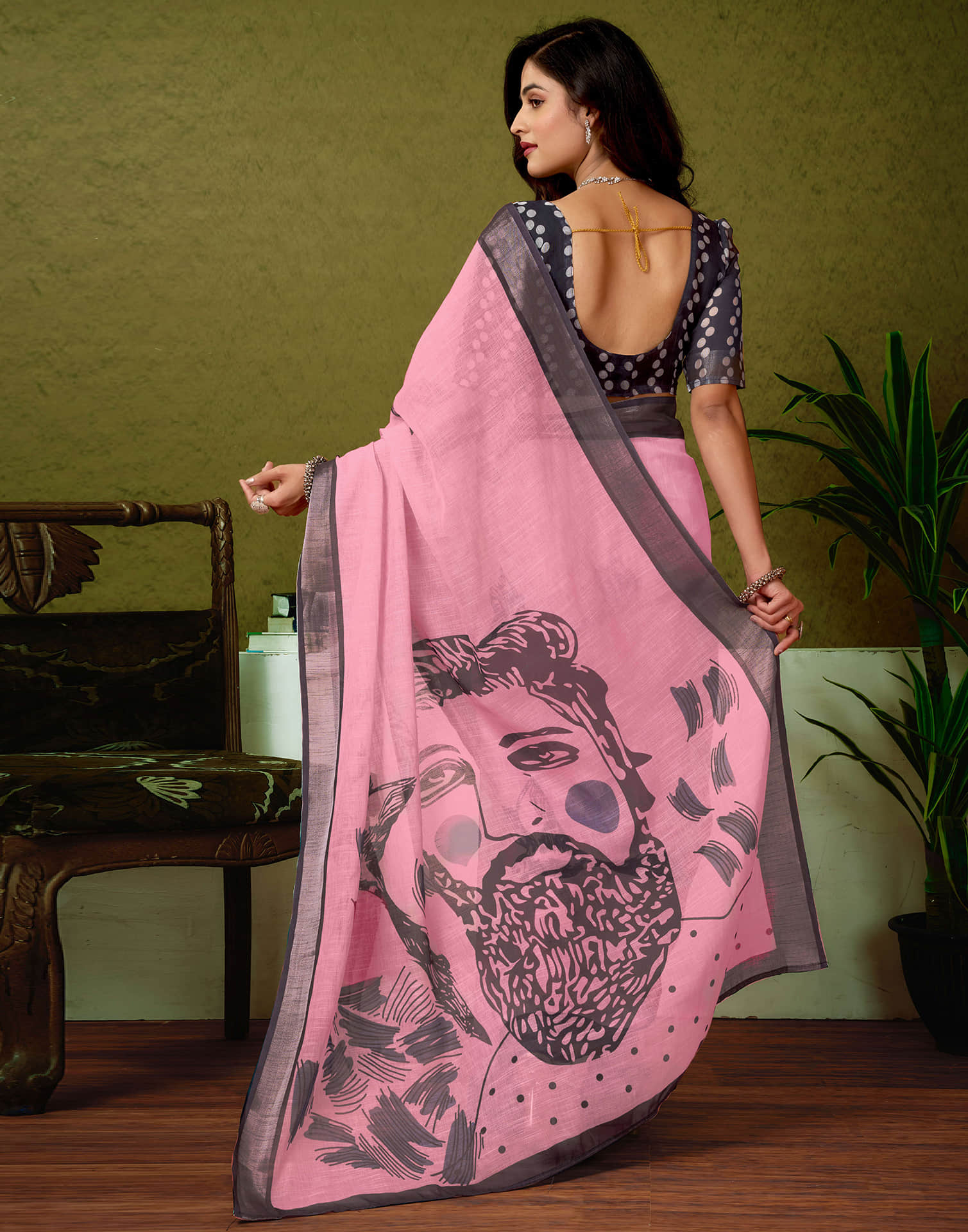 Ready To Wear Light Rose Pink Linen Zari Printed Saree