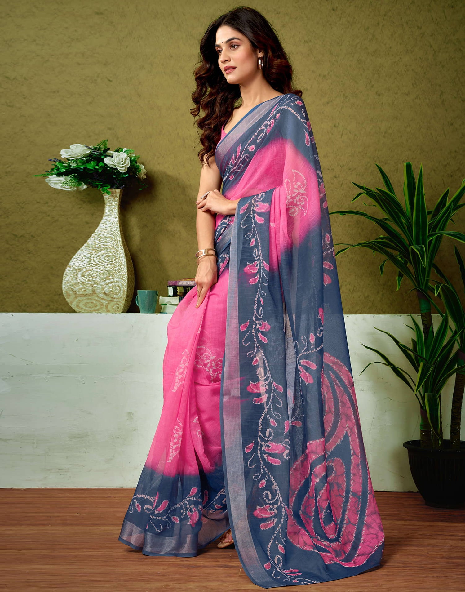 Ready To Wear Dark Pink Linen Zari Printed Saree