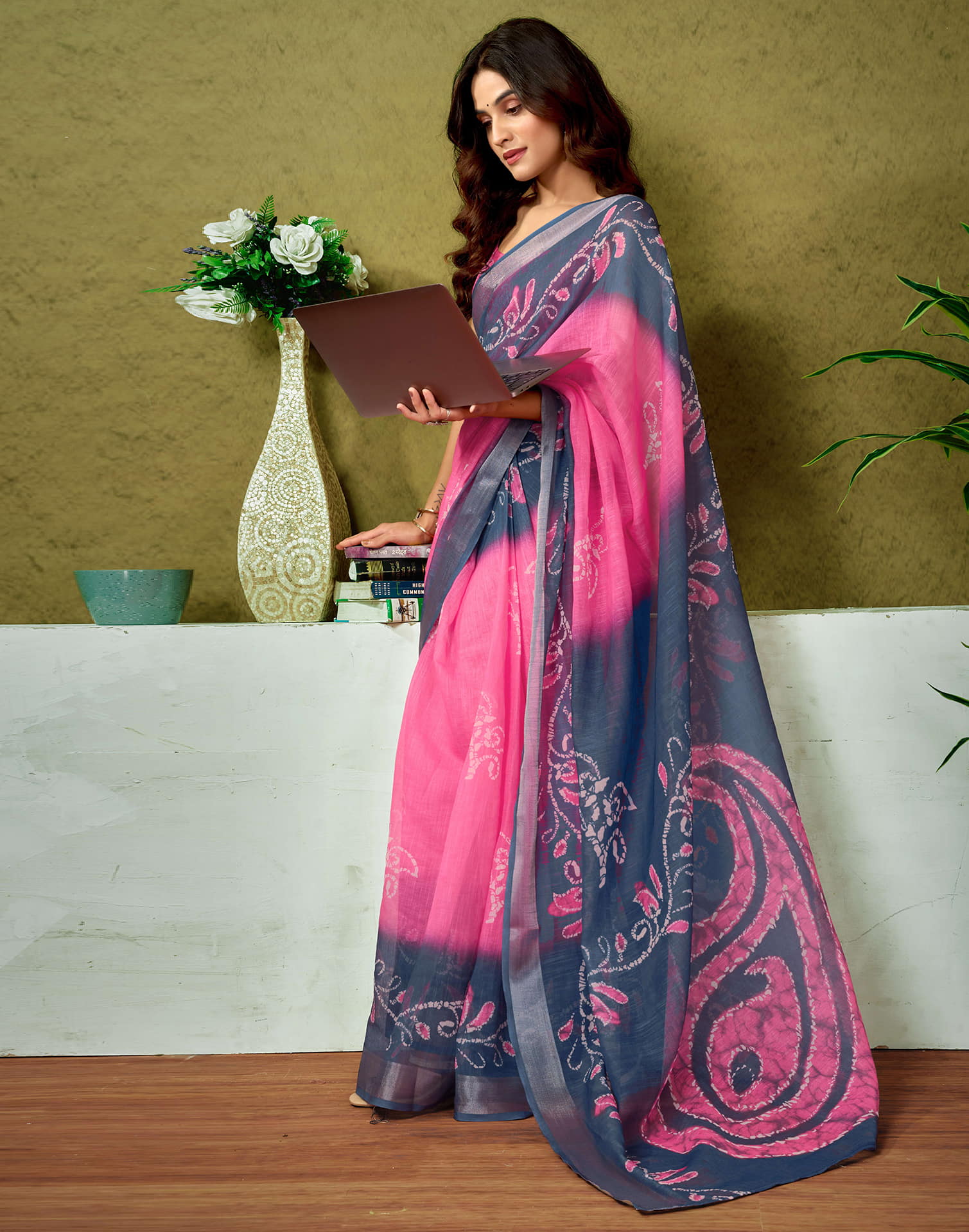 Ready To Wear Dark Pink Linen Zari Printed Saree