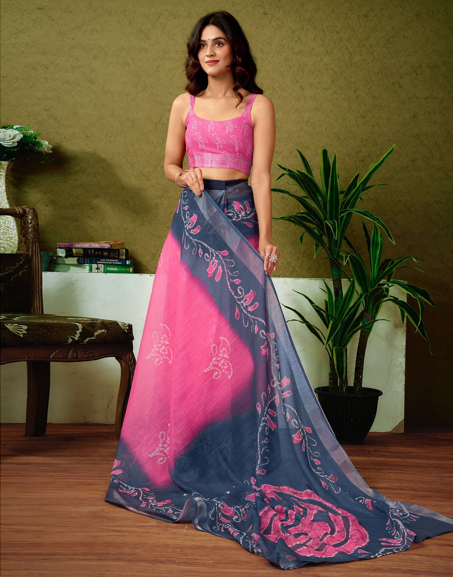 Ready To Wear Dark Pink Linen Zari Printed Saree