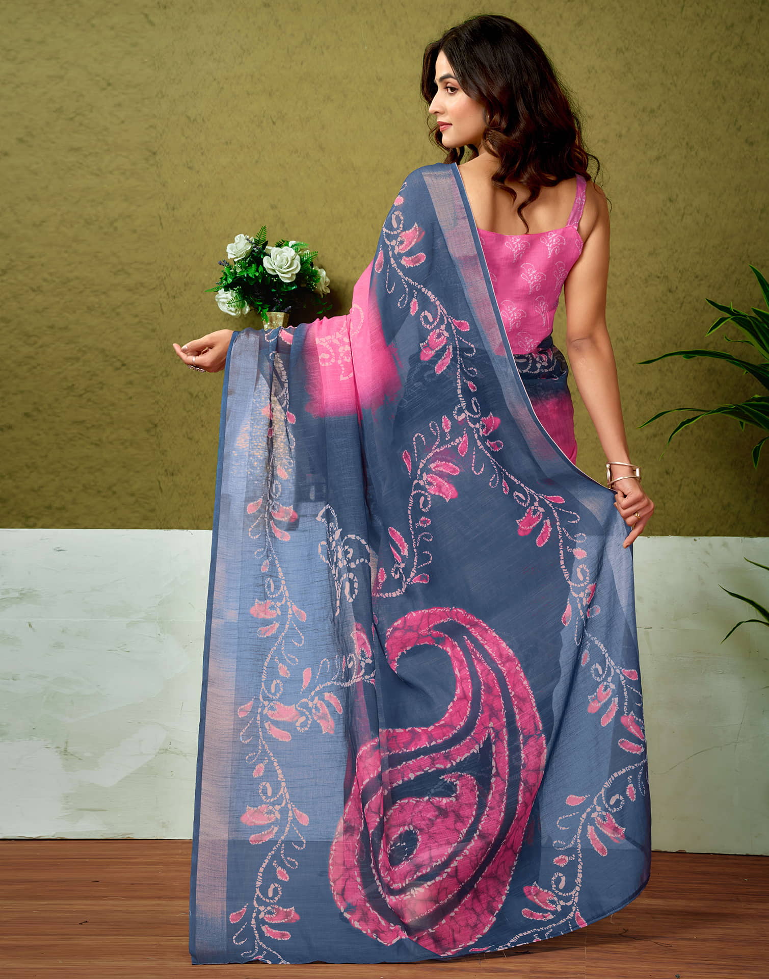 Ready To Wear Dark Pink Linen Zari Printed Saree