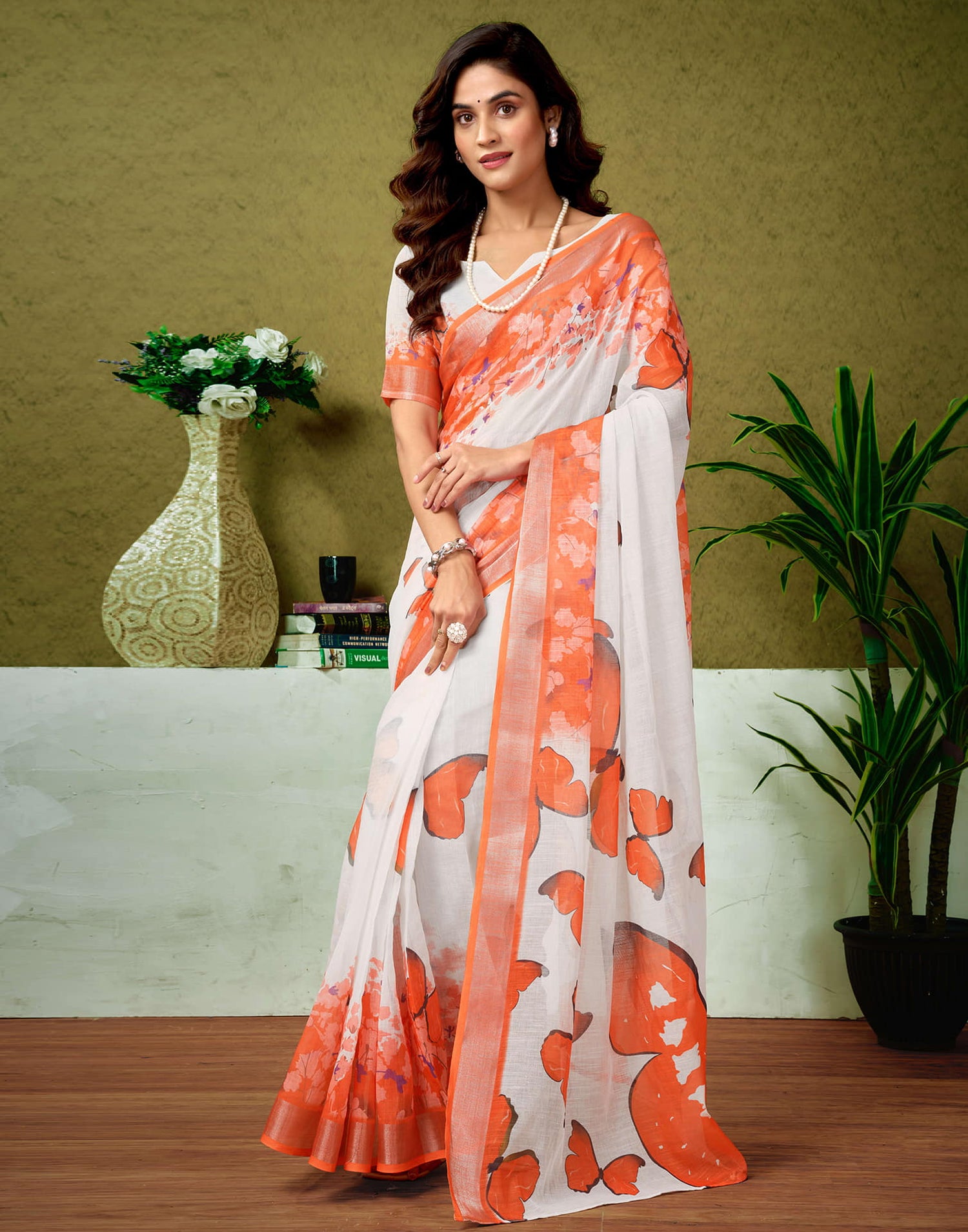 Ready To Wear White Linen Zari Printed Saree