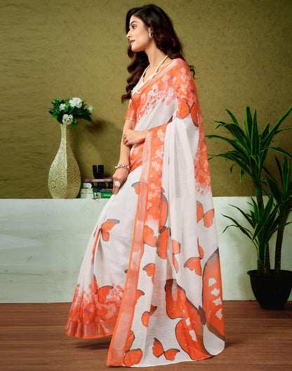 Ready To Wear White Linen Zari Printed Saree