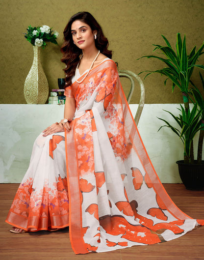 Ready To Wear White Linen Zari Printed Saree