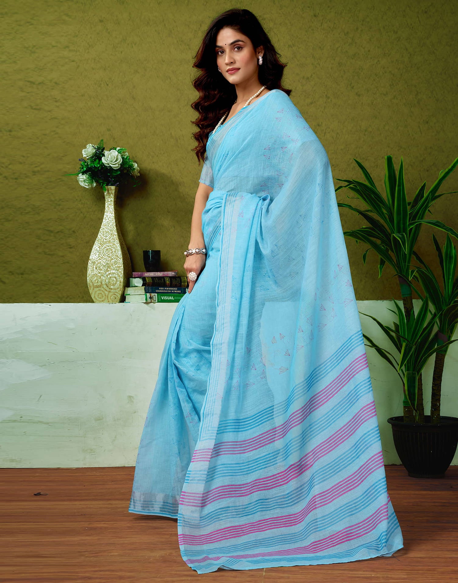 Ready To Wear Blue Linen Zari Printed Saree