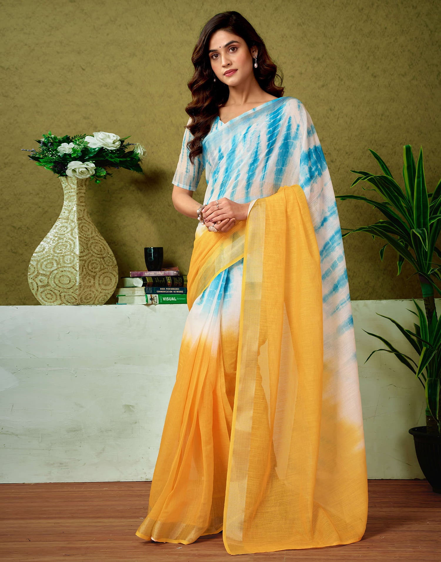 Ready To Wear Turmeric Yellow Linen Zari Printed Saree