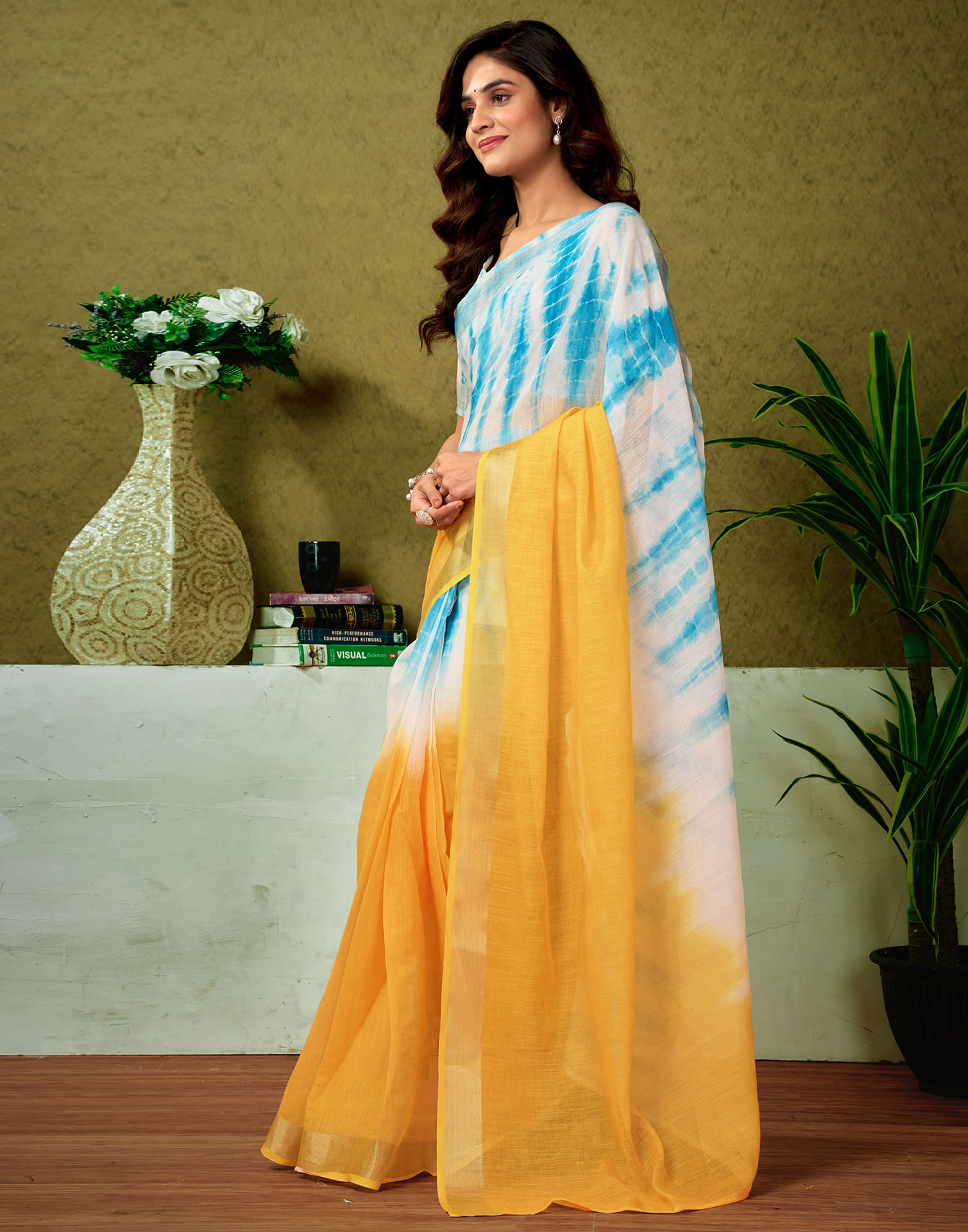 Ready To Wear Turmeric Yellow Linen Zari Printed Saree