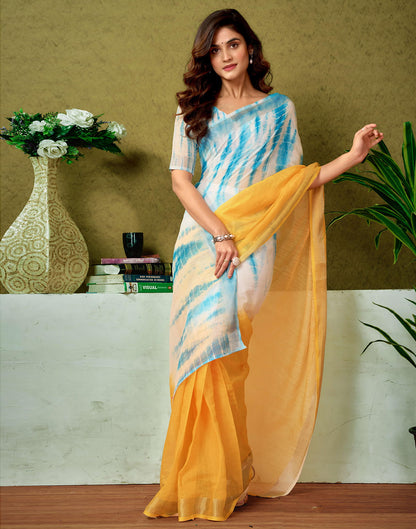 Ready To Wear Turmeric Yellow Linen Zari Printed Saree