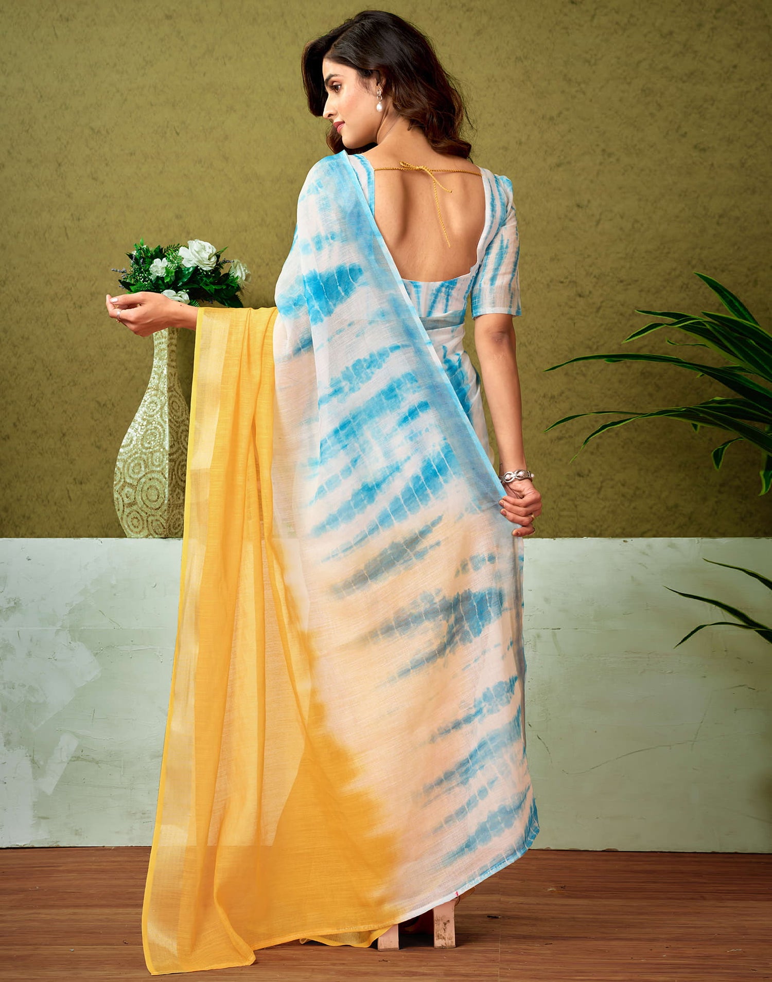 Ready To Wear Turmeric Yellow Linen Zari Printed Saree