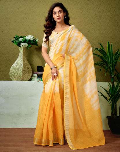 Ready To Wear Yellow Linen Zari Printed Saree